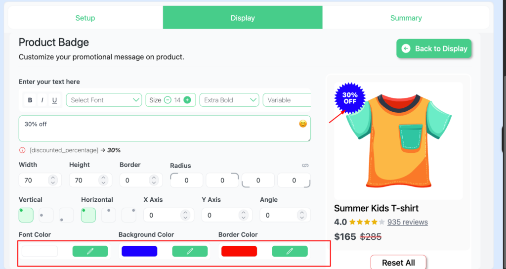 Change WooCommerce sale badge color and size — font, background, and border color controls with width, height, and radius settings in Disco