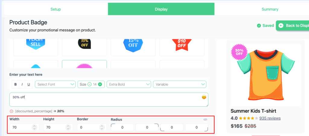 Change WooCommerce sale badge size — setting width, height, border, and radius in Disco with live 30% OFF product preview