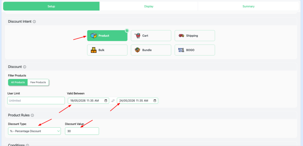 WooCommerce discount campaign setup in the Disco plugin — 30% percentage discount applied to all products with a scheduled validity date range and product discount intent selected.