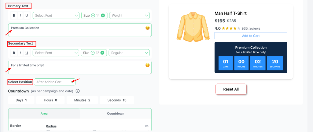 Disco plugin countdown timer customization screen showing primary text set to "Premium Collection," secondary text set to "For a limited time only!," position set to After Add to Cart, and a live preview of the countdown timer displayed on a WooCommerce product page.