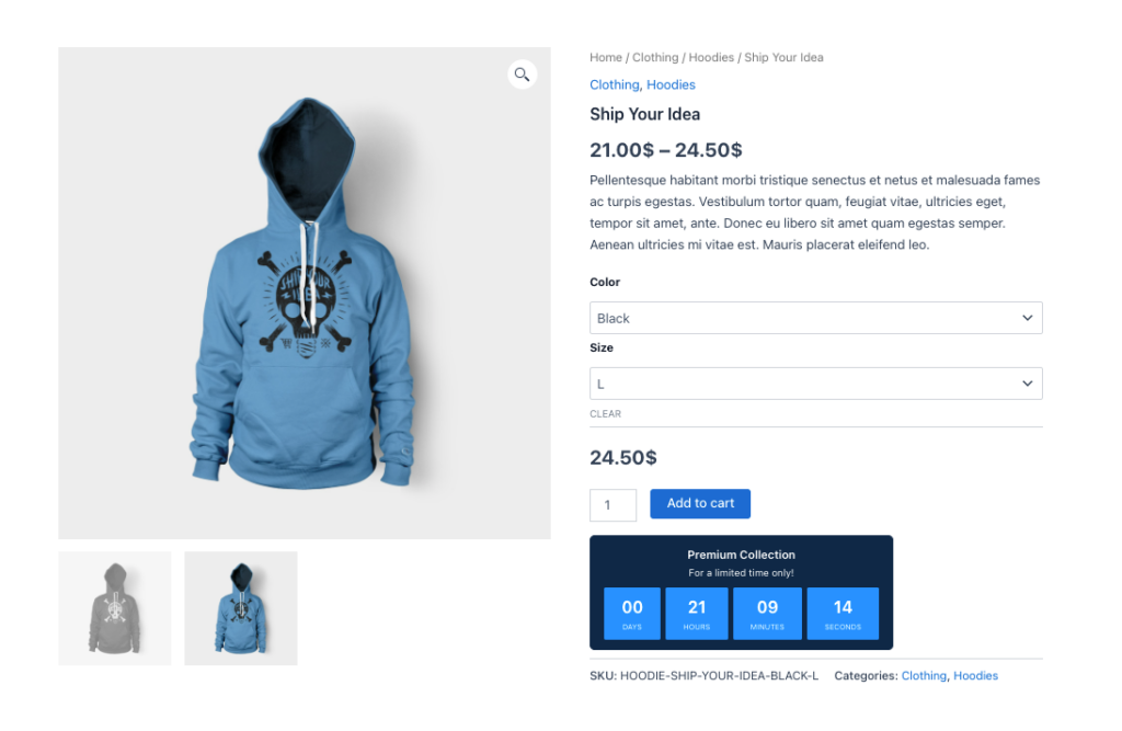 WooCommerce product page for a hoodie displaying a Disco plugin countdown timer below the Add to Cart button, showing a live sales countdown with days, hours, minutes, and seconds remaining for a limited-time offer.