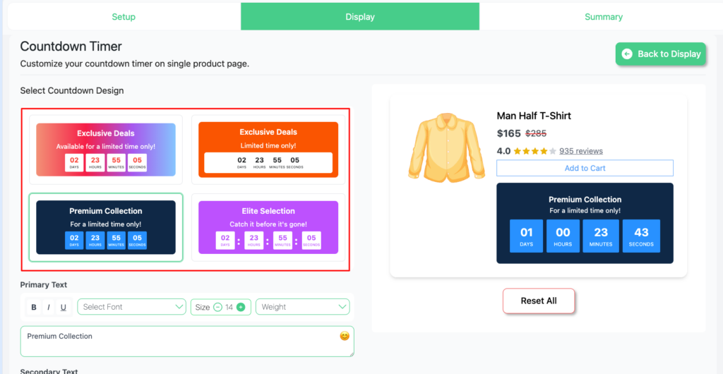 Disco plugin countdown timer design selection screen showing four WooCommerce countdown timer styles — pink Exclusive Deals, orange Exclusive Deals, navy Premium Collection, and purple Elite Selection — with the navy Premium Collection design selected and previewed on a product page.