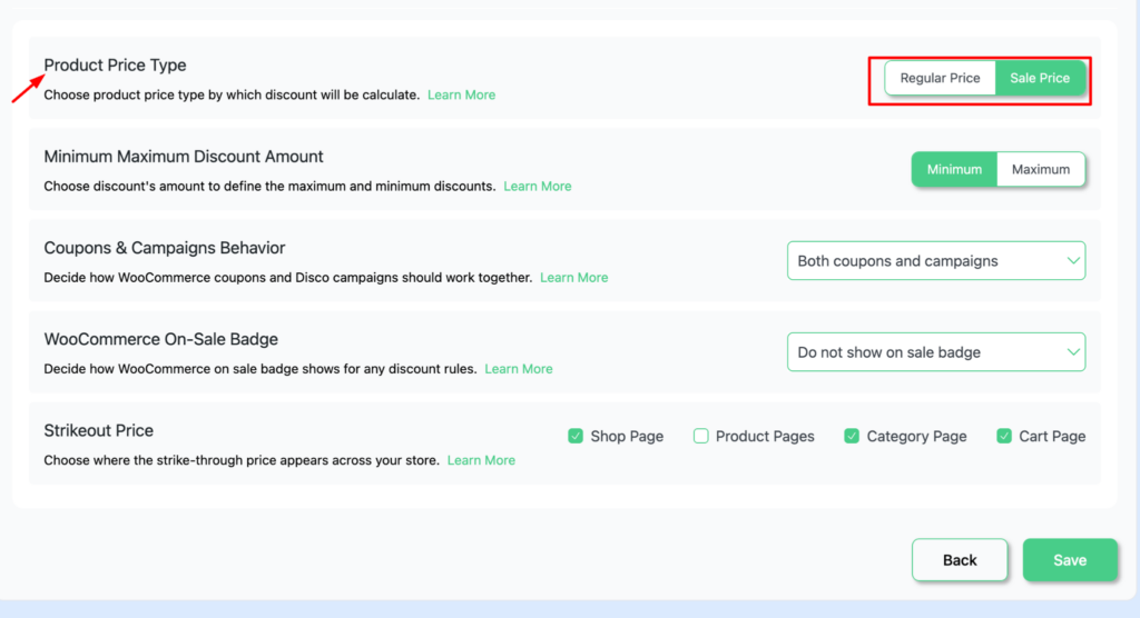 Disco plugin settings screen in WooCommerce displaying product price type selection with Sale Price highlighted, minimum and maximum discount amount options, coupon and campaign behavior set to both, WooCommerce on-sale badge visibility, and strikeout price display options across shop, category, and cart pages.