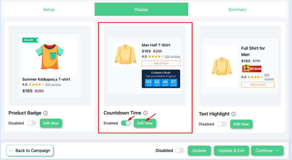 Disco plugin Display tab in WooCommerce showing the Countdown Timer option enabled with an Edit Now button highlighted, alongside Product Badge and Text Highlight display options for a WooCommerce product discount campaign.