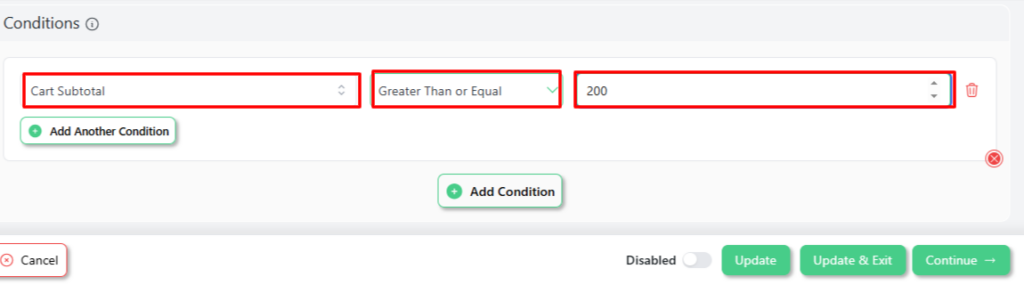Disco plugin Conditions settings showing Cart Subtotal Greater Than or Equal to 200 condition for triggering a WooCommerce cart notice