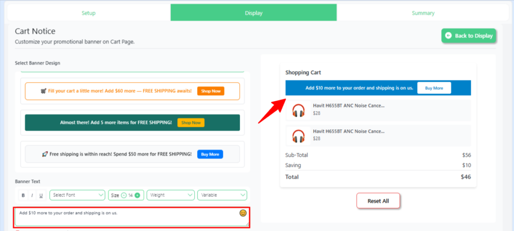 Recommended:
Disco plugin Cart Notice banner text editor showing custom free shipping message being written and previewed live in the WooCommerce cart