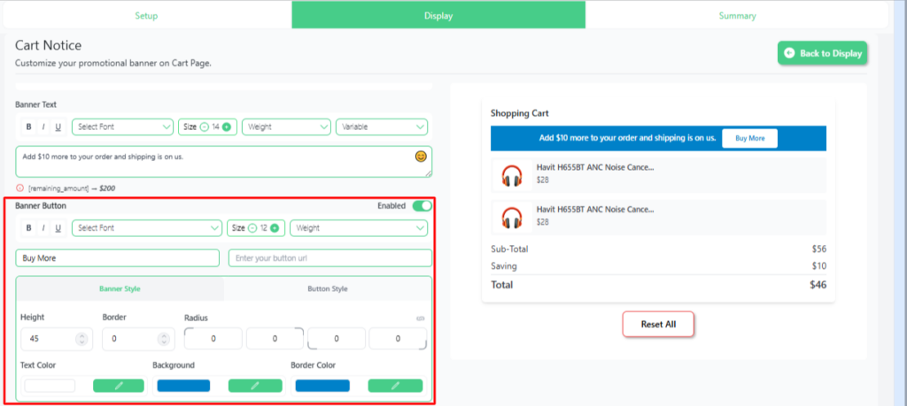 Disco plugin Cart Notice customization screen showing banner style and button style settings including font, color, height, border, and radius options with live WooCommerce cart preview