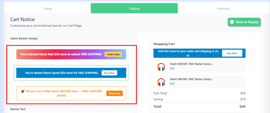 Disco plugin Cart Notice banner design selection screen showing three WooCommerce cart notice banner styles with free shipping message examples and live cart preview