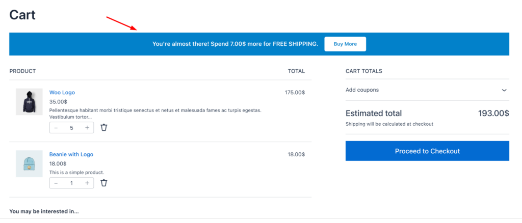 Live WooCommerce cart page showing a Disco cart notice banner displaying a free shipping threshold message – "Spend more for FREE SHIPPING" with a Buy More CTA button