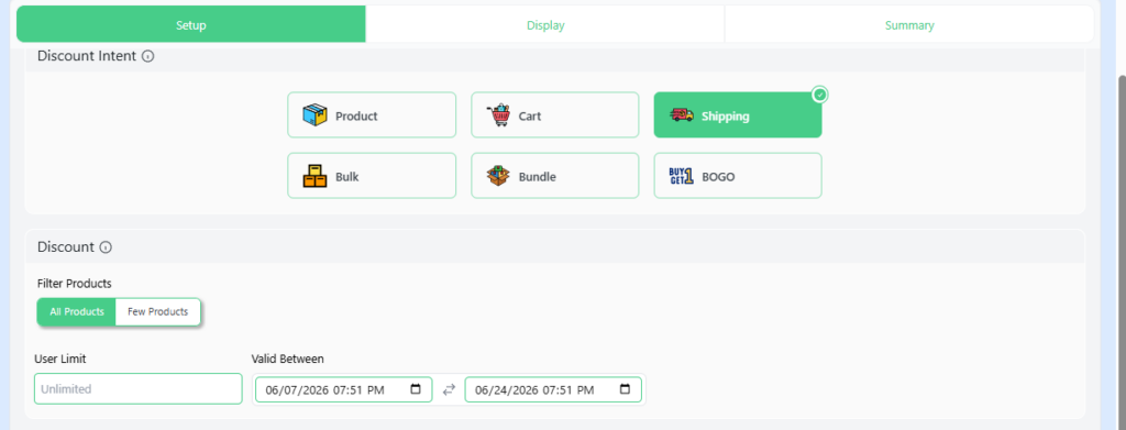 Disco plugin Setup tab showing Discount Intent options – Shipping selected, with Product, Cart, Bulk, Bundle, and BOGO discount types available