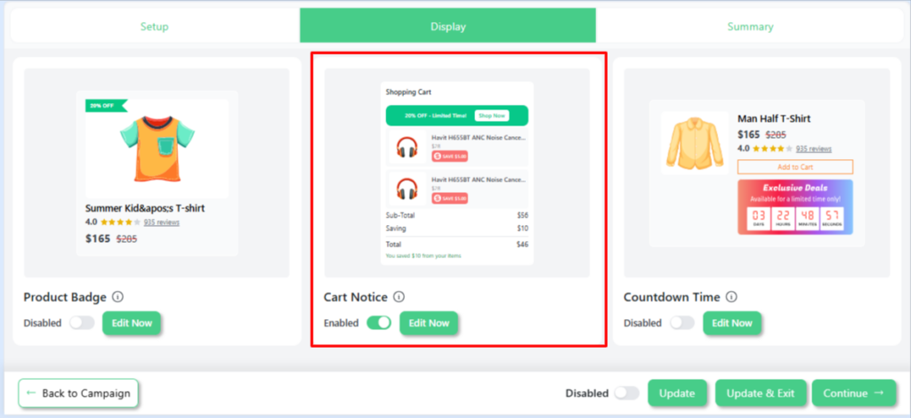 Disco plugin Display tab with Cart Notice option enabled and highlighted, alongside Product Badge and Countdown Timer display options for WooCommerce campaigns