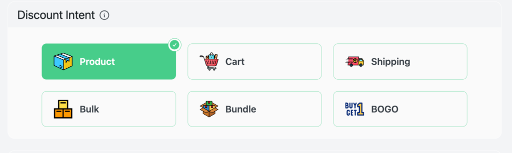 Choosing a discount type from Disco's discount rules for WooCommerce intent selector