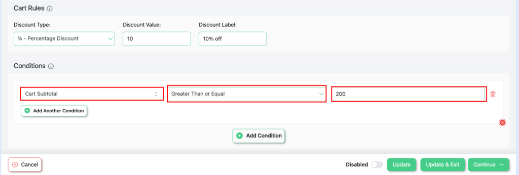 Setting a cart subtotal condition in Disco's discount rules for WooCommerce