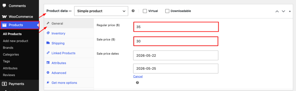 Setting a sale price and schedule dates in WooCommerce to fix a sale badge not showing