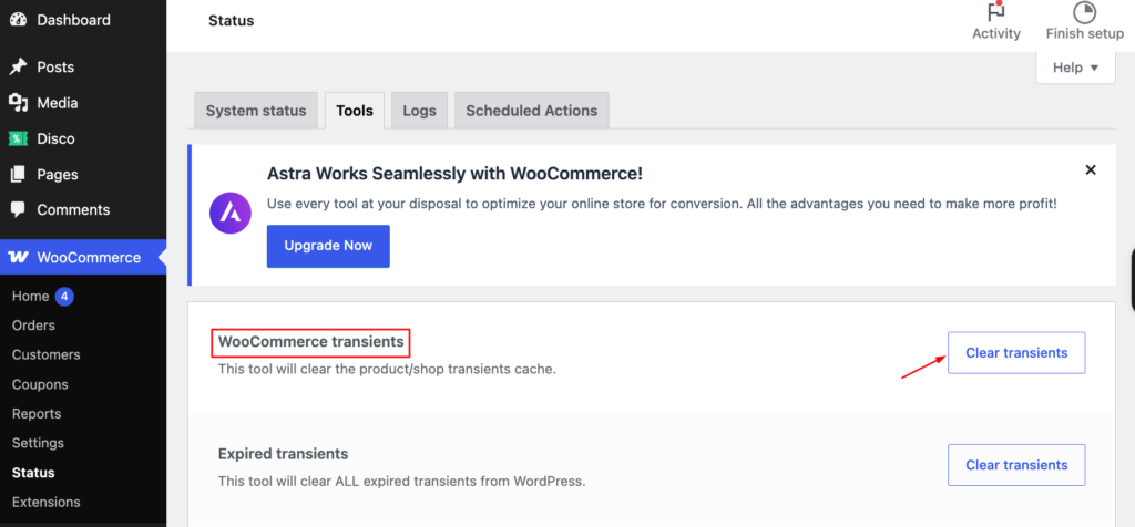 Clearing WooCommerce product transients under Status → Tools to fix a sale badge not showing