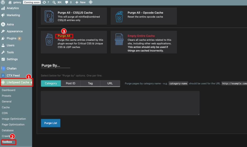 Using Purge All in LiteSpeed Cache Toolbox to clear cached pages and fix a WooCommerce sale badge not showing
