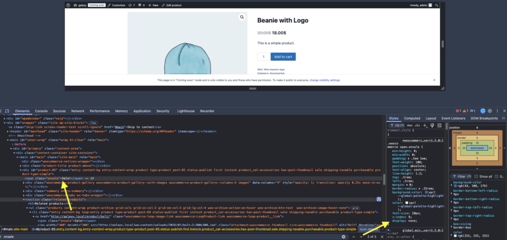 Browser DevTools showing a display none CSS rule on the .onsale class, hiding the WooCommerce sale badge