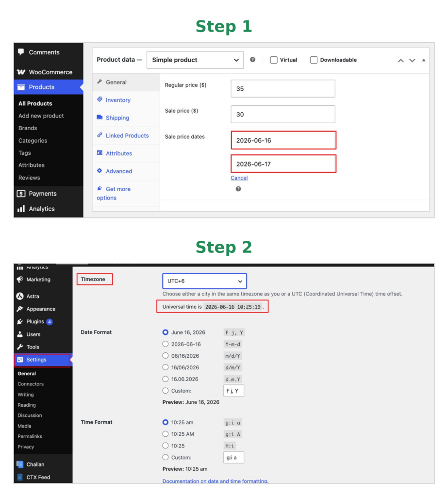 Checking the WordPress timezone setting under Settings → General to fix a WooCommerce sale badge not showing