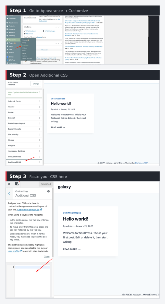 Three-step guide to adding WooCommerce sale badge CSS in WordPress: Step 1 go to Appearance then Customize, Step 2 open Additional CSS, Step 3 paste your CSS in the Additional CSS panel