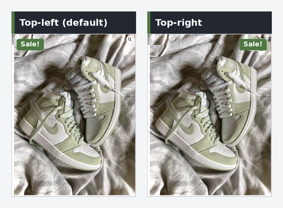 WooCommerce sale badge repositioned to top-left and top-right of product image with CSS