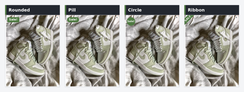 Four WooCommerce sale badge shapes styled with CSS — rounded, pill, circle, and corner ribbon