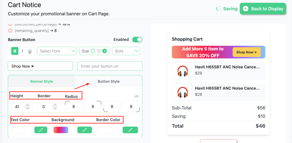 Disco's Cart Notice customization panel, showing the Banner Button settings and full styling controls including height, radius, colors, and border