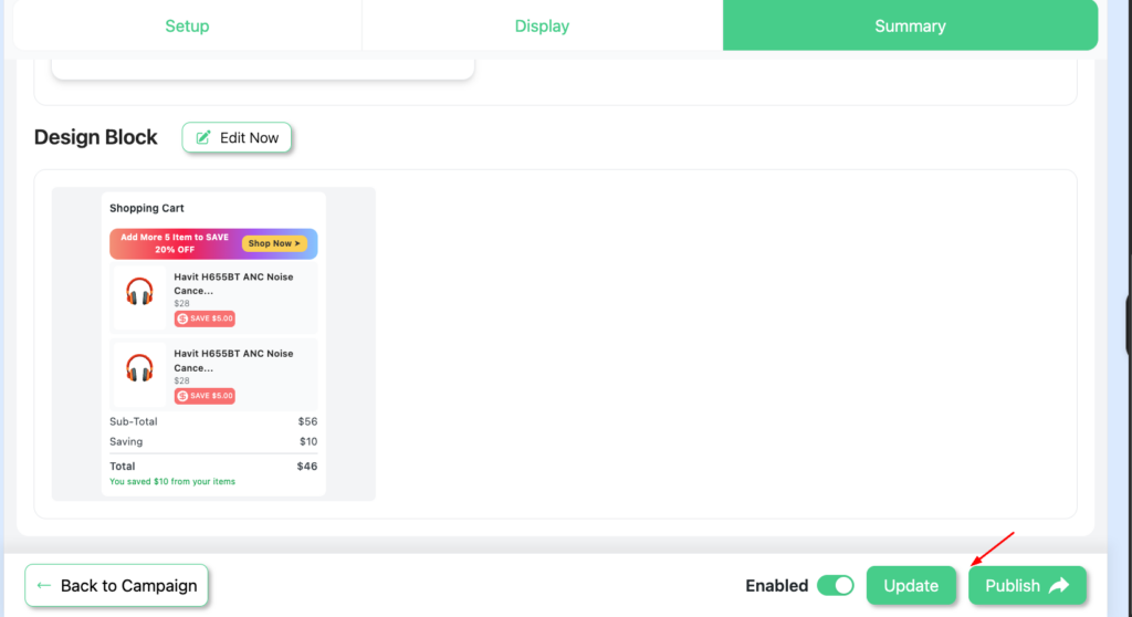 Disco's Summary tab showing the final Cart Notice preview with Publish button to make the campaign live