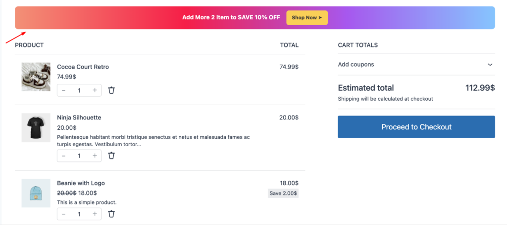 Disco's Cart Notice live on a WooCommerce cart page, showing 'Add More 2 Item to SAVE 10% OFF' above the actual cart items and checkout total