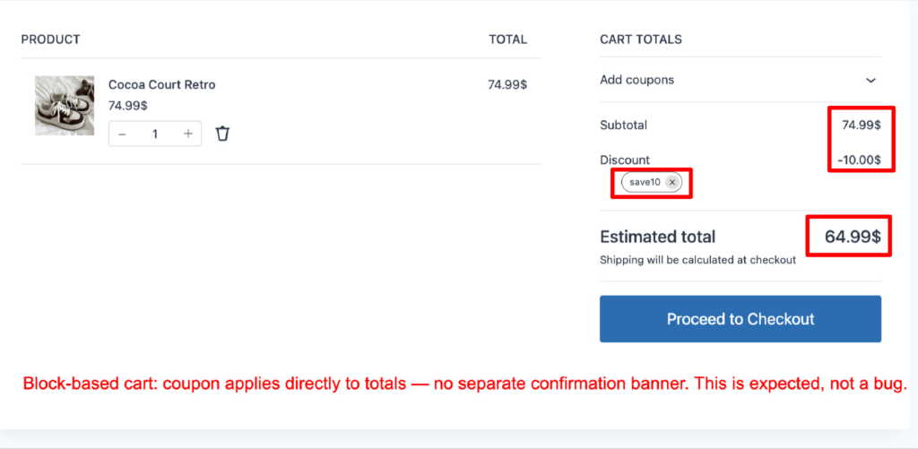 WooCommerce block-based cart showing a coupon applied directly to the totals, with no separate confirmation banner