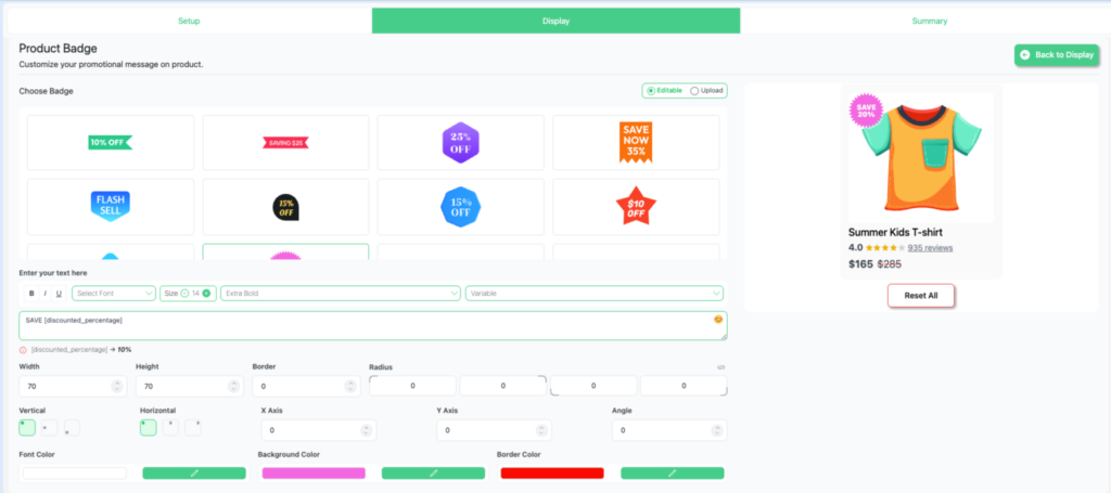 Disco WooCommerce plugin admin screen showing the Product Badge editor with badge template options, text customization, and live product preview