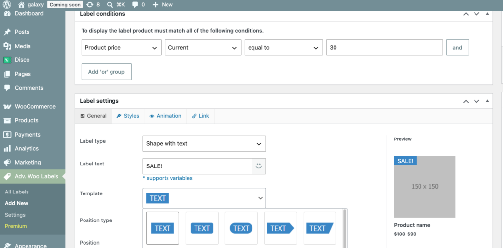 Advanced Woo Labels admin screen showing conditional display logic for a product label