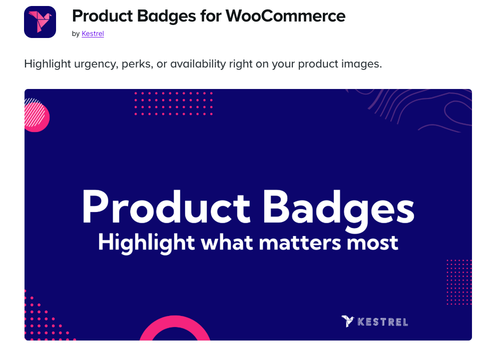Product Badges for WooCommerce by Kestrel, official WooCommerce Marketplace listing banner