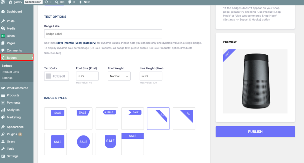 Acowebs Product Labels admin screen with live badge preview