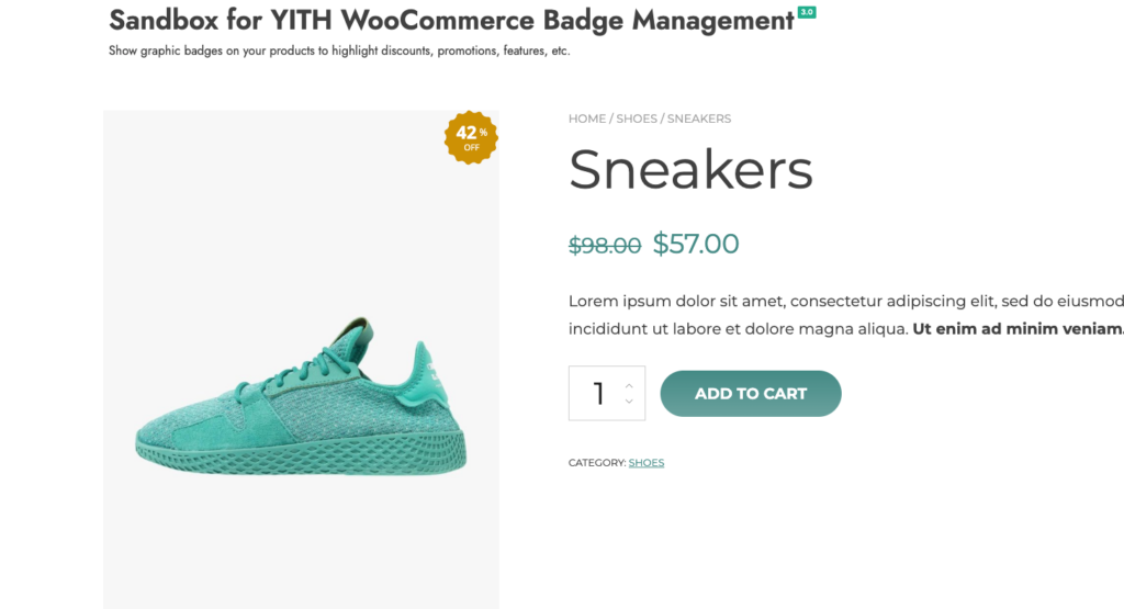 WooCommerce product page showing a YITH "42% Off" badge applied to a sneaker product