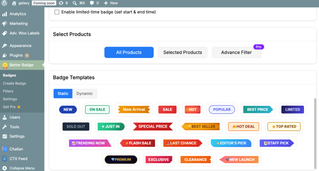 Better Badge plugin admin panel showing badge shape and animation options