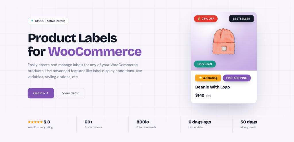 Advanced Woo Labels marketing banner showing product label features, pricing, and vendor-reported stats including 5.0 rating and 800k+ downloads