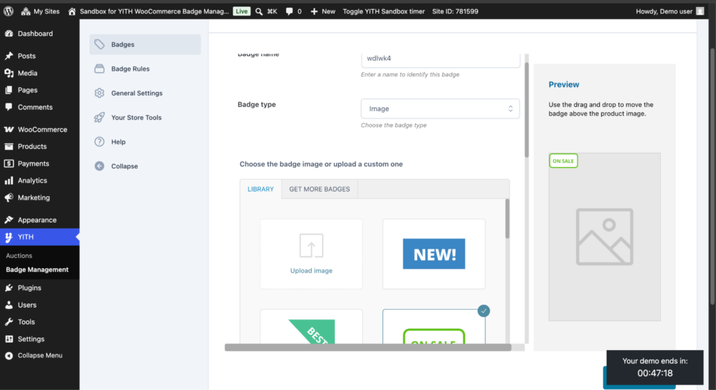 YITH WooCommerce Badge Management admin screen showing the badge builder with badge type, image library, and live preview panel