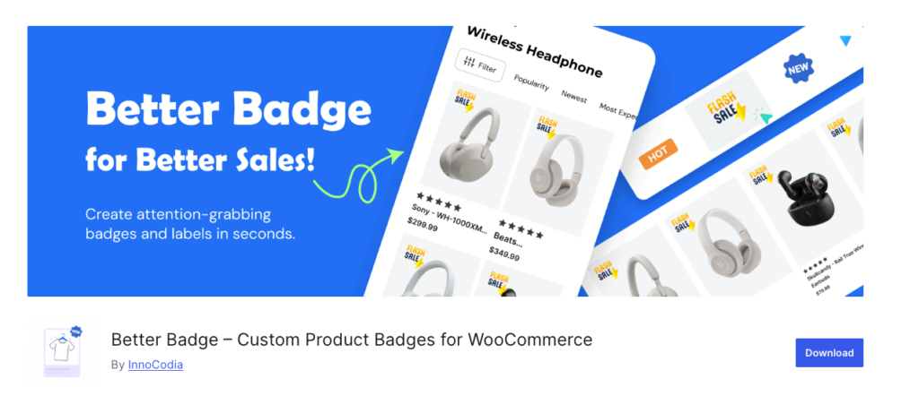 Better Badge for WooCommerce marketing banner showing "Flash Sale," "New," and "Hot" badges on wireless headphone product listings