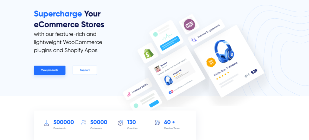 Acowebs company homepage banner showing product highlights, customer stats, and a sample discount badge on a headphone product