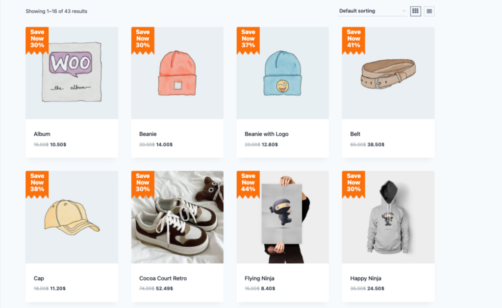 WooCommerce shop page showing multiple products with auto-generated "Save Now" percentage-off badges from Disco