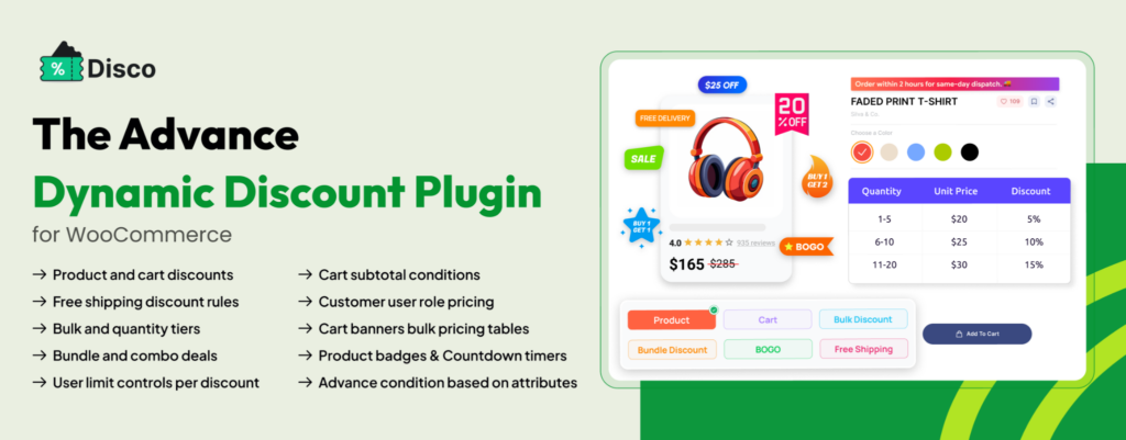 Disco WooCommerce discount plugin banner showing sale badges, bulk pricing table, and discount features