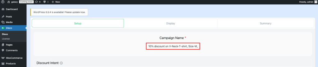 Disco plugin WooCommerce dynamic pricing rule — campaign name field set to 10% discount on V-Neck T-shirt Size M variant