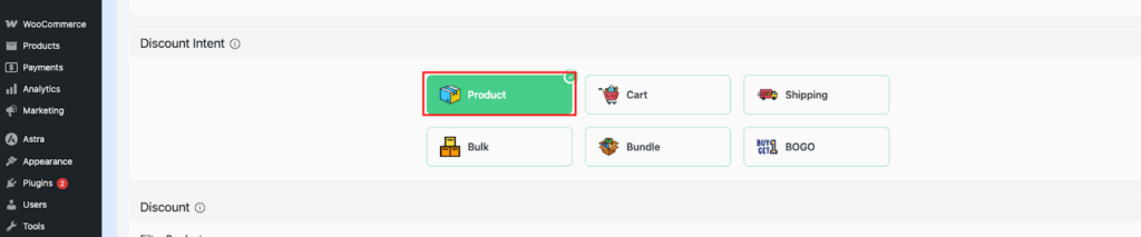 Disco plugin WooCommerce dynamic pricing — Discount Intent selector with Product option selected for variant-specific discount rule