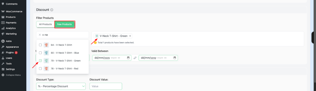 Disco plugin WooCommerce dynamic pricing — Filter Products set to Few Products with specific V-Neck T-Shirt Green variant selected and Percentage Discount type chosen