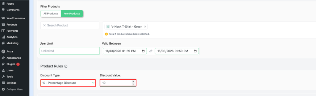 Disco plugin WooCommerce dynamic pricing — Product Rules section showing Discount Type set to Percentage Discount and Discount Value set to 10 for V-Neck T-Shirt Green variant"
