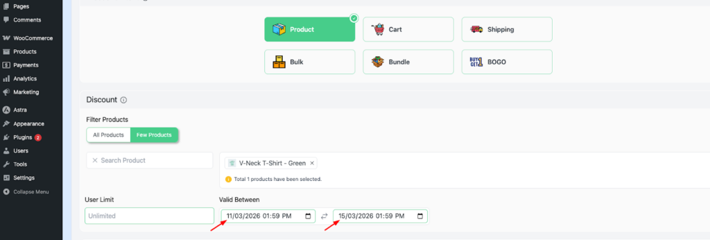 Disco plugin WooCommerce dynamic pricing — V-Neck T-Shirt Green variant selected with Valid Between date range set from 11/03/2026 to 15/03/2026 and User Limit set to Unlimited