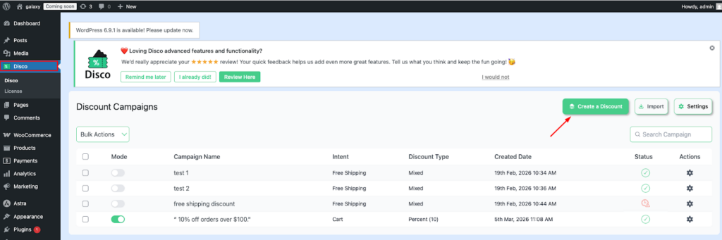 Step 2 of setting up automatic cart discounts in WooCommerce — Disco plugin Discount Campaigns dashboard with Create a Discount button highlighted