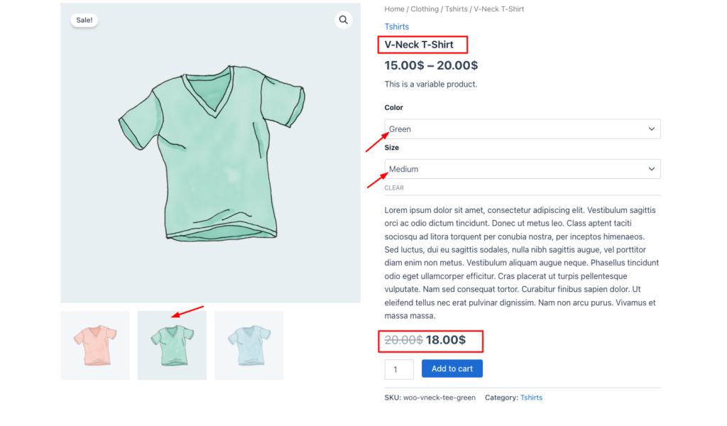 WooCommerce dynamic pricing result — V-Neck T-Shirt Green Medium variant showing discounted price of 18.00 crossed out from original 20.00 after Disco plugin discount rule applied