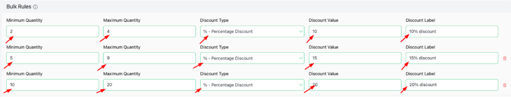 setting tiered bulk rules for quantity discounts and pricing with three quantity ranges in Disco WooCommerce