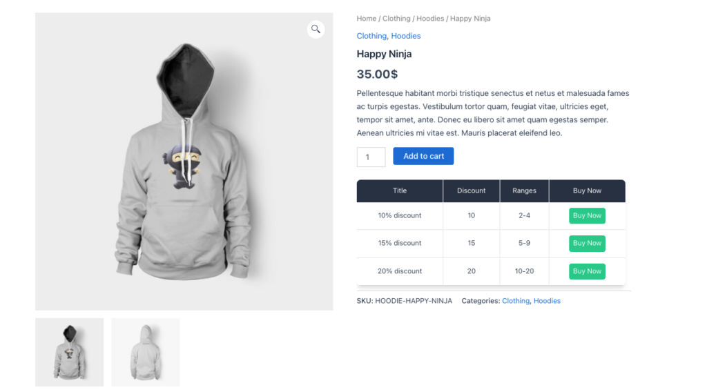 WooCommerce product page showing quantity discounts and pricing table with three tiered discount levels